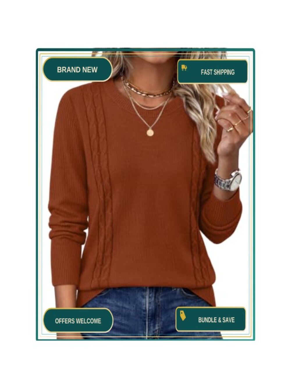 Cable Knit Sweater Crewneck Ribbed Pullover Long Sleeve Fall Office
